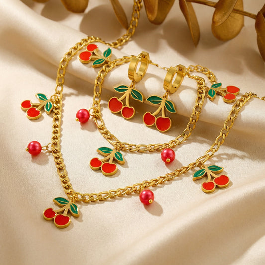 Luxe Cherry Blossom Pearl Set - 18K Gold Plated Stainless Steel