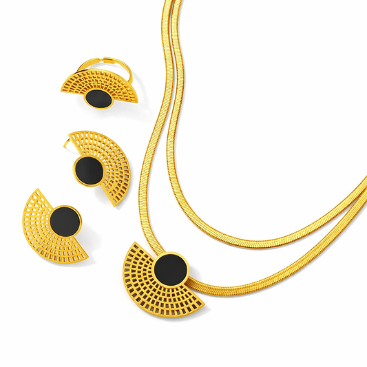 Art Deco Fan Jewelry Set - 18K Gold Plated Stainless Steel