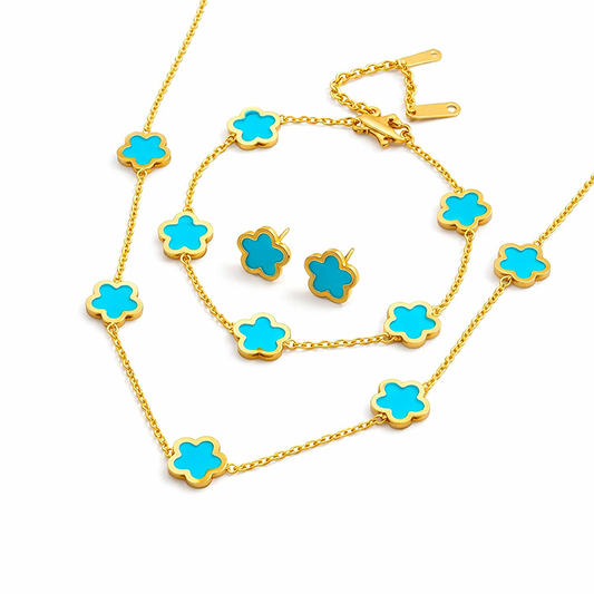 Alhambra Style Turquoise Set - 18K Gold Plated Stainless Steel