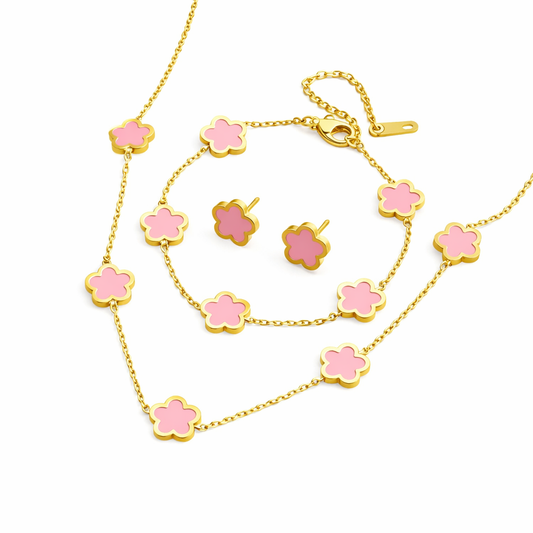 Alhambra Style Pink Quartz Set - 18K Gold Plated Stainless Steel