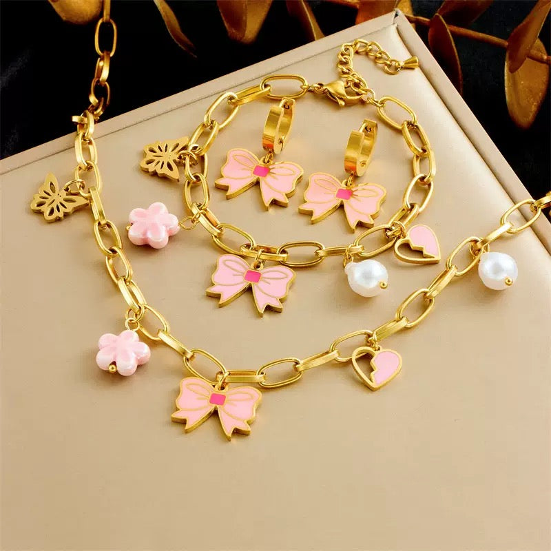 Vintage Bow & Pearl Charm Set - 18K Gold Plated Stainless Steel