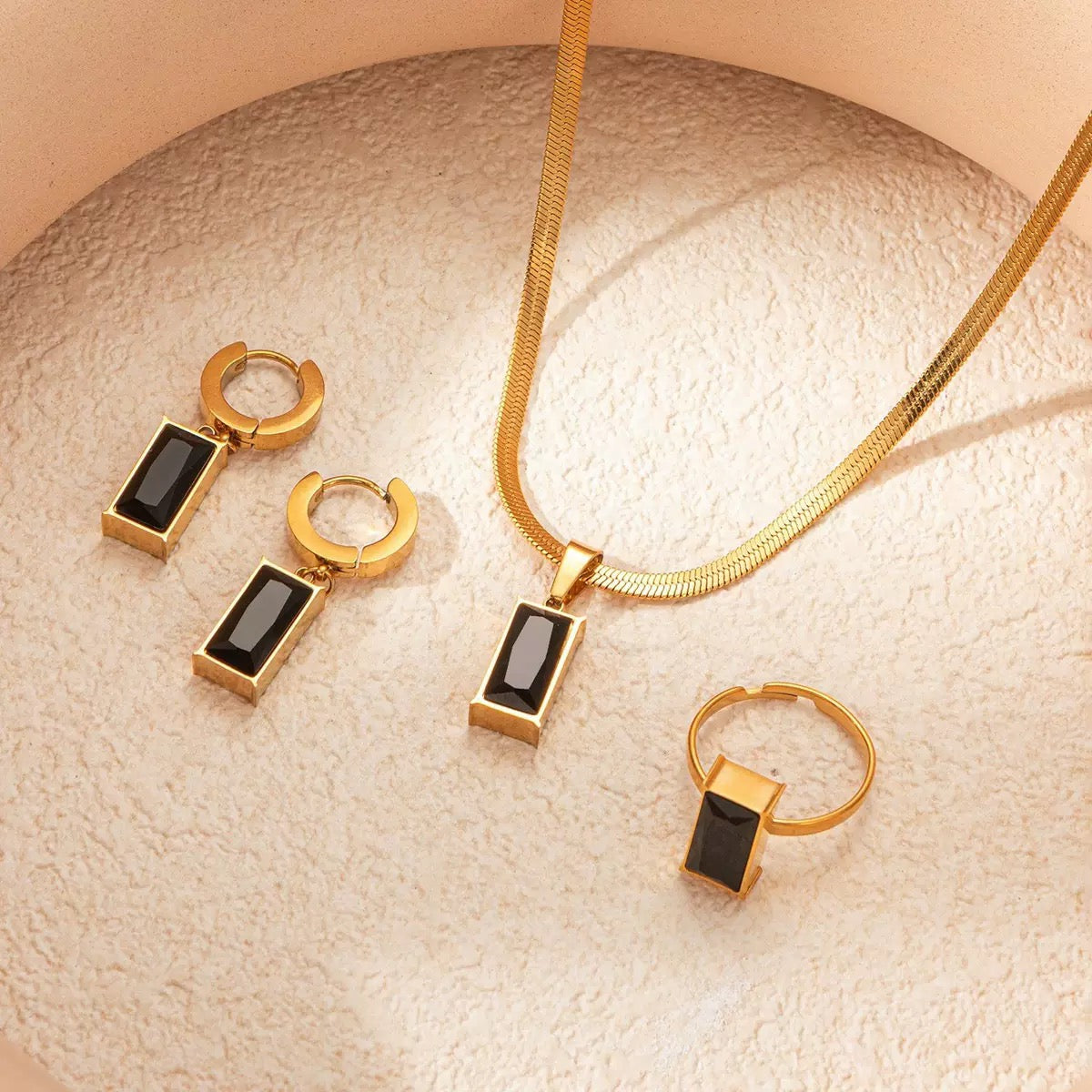 Modern Rectangular Onyx Set - 18K Gold Plated Stainless Steel