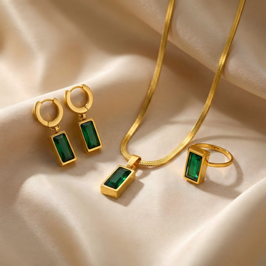 Royal Emerald Baguette Set - 18K Gold Plated Stainless Steel
