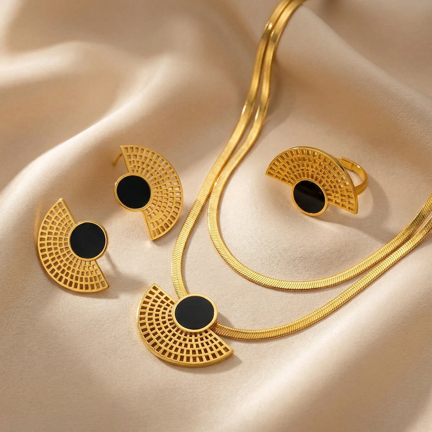 Art Deco Fan Jewelry Set - 18K Gold Plated Stainless Steel