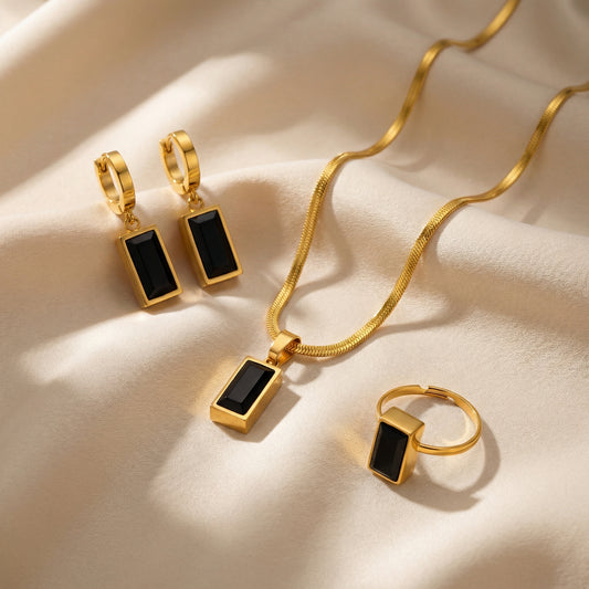 Modern Rectangular Onyx Set - 18K Gold Plated Stainless Steel