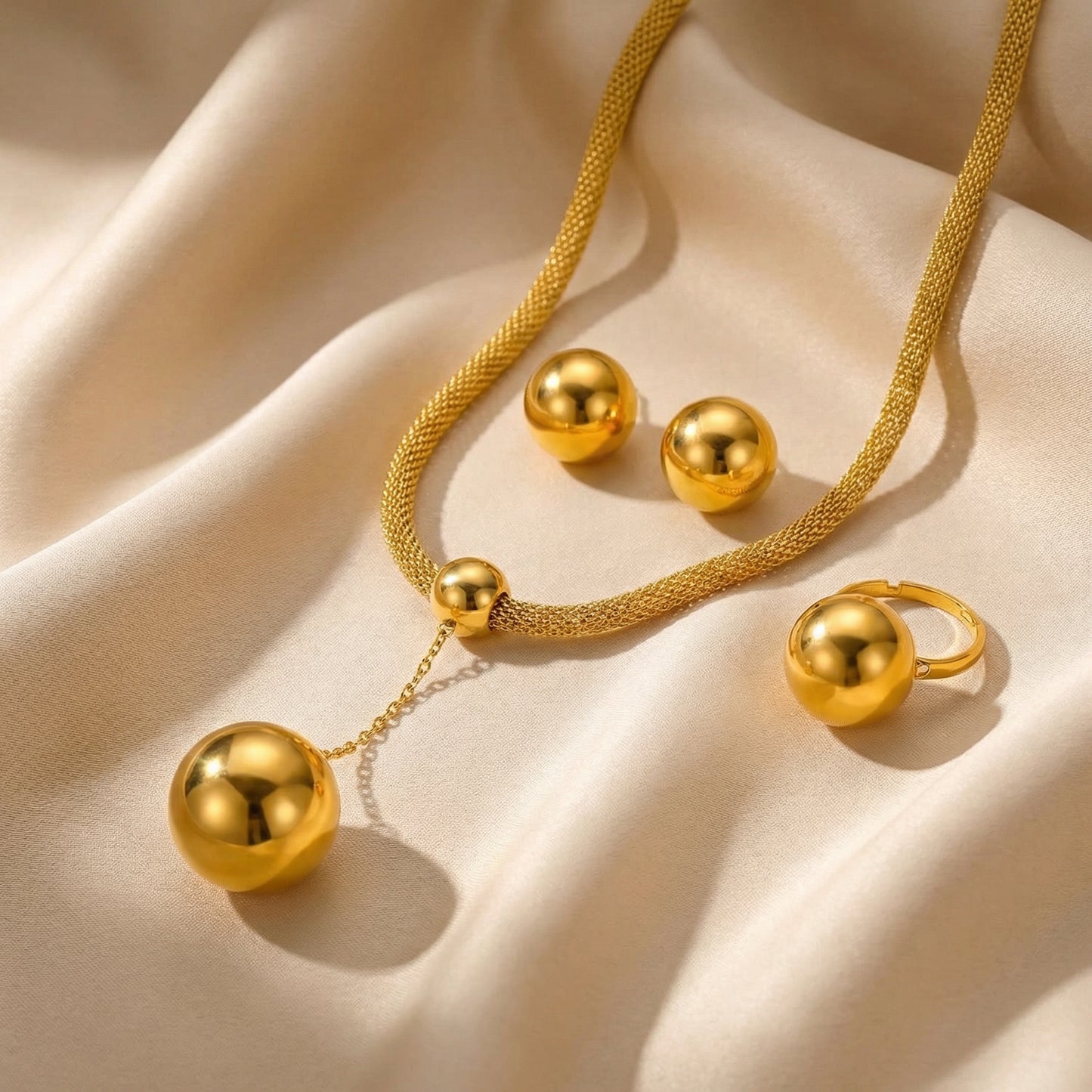 Bold Golden Sphere Mesh Set - 18K Gold Plated Stainless Steel