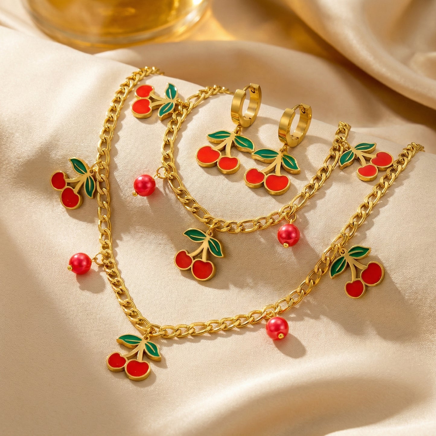 Luxe Cherry Blossom Pearl Set - 18K Gold Plated Stainless Steel