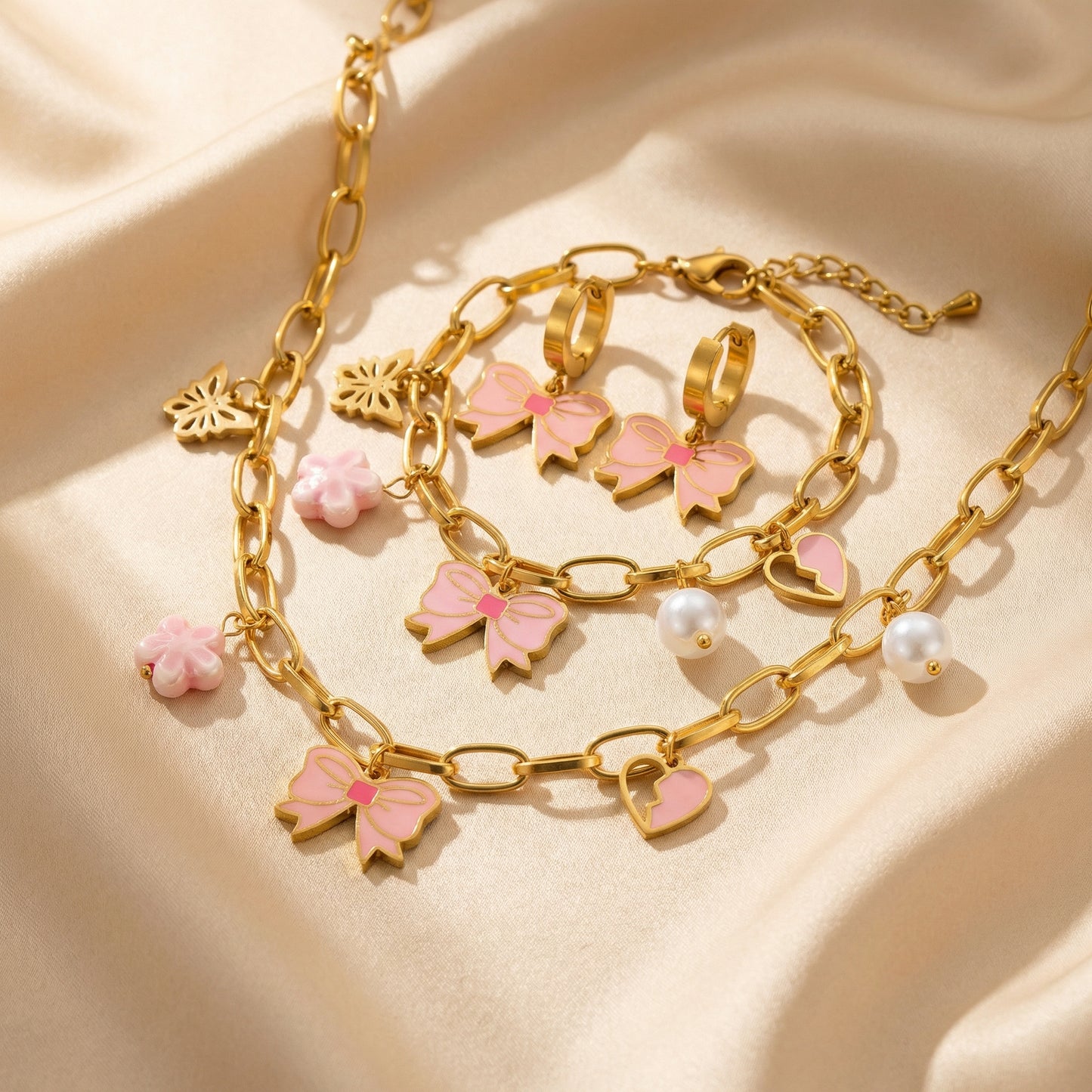 Vintage Bow & Pearl Charm Set - 18K Gold Plated Stainless Steel