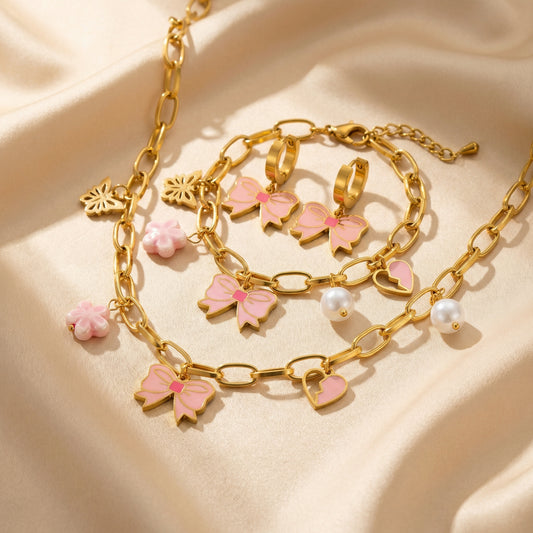 Vintage Bow & Pearl Charm Set - 18K Gold Plated Stainless Steel