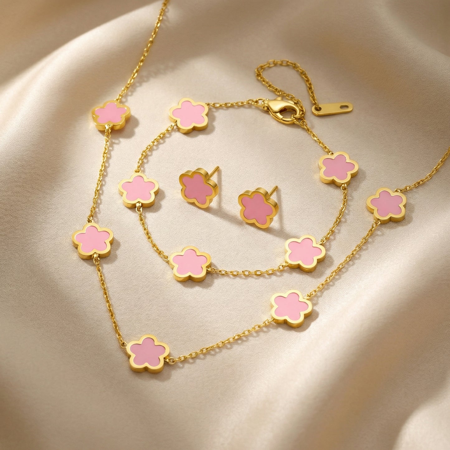 Alhambra Style Pink Quartz Set - 18K Gold Plated Stainless Steel