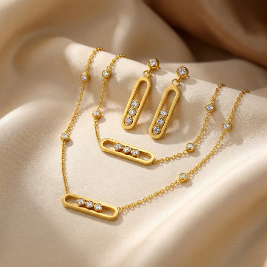 Move Style Floating Diamond Set - 18K Gold Plated Stainless Steel