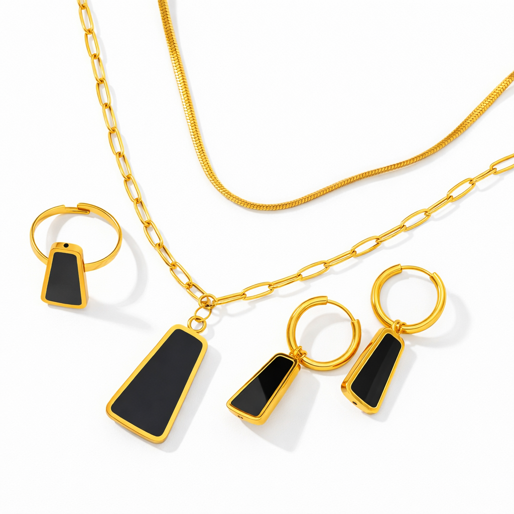 Bold Geometric Onyx Set - 18K Gold Plated Stainless Steel