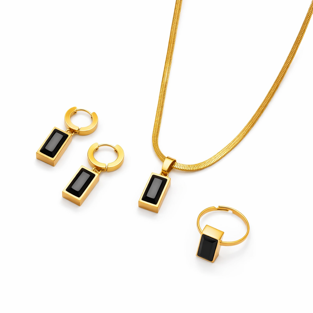 Modern Rectangular Onyx Set - 18K Gold Plated Stainless Steel