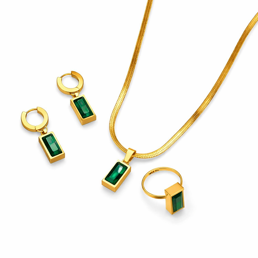 Royal Emerald Baguette Set - 18K Gold Plated Stainless Steel