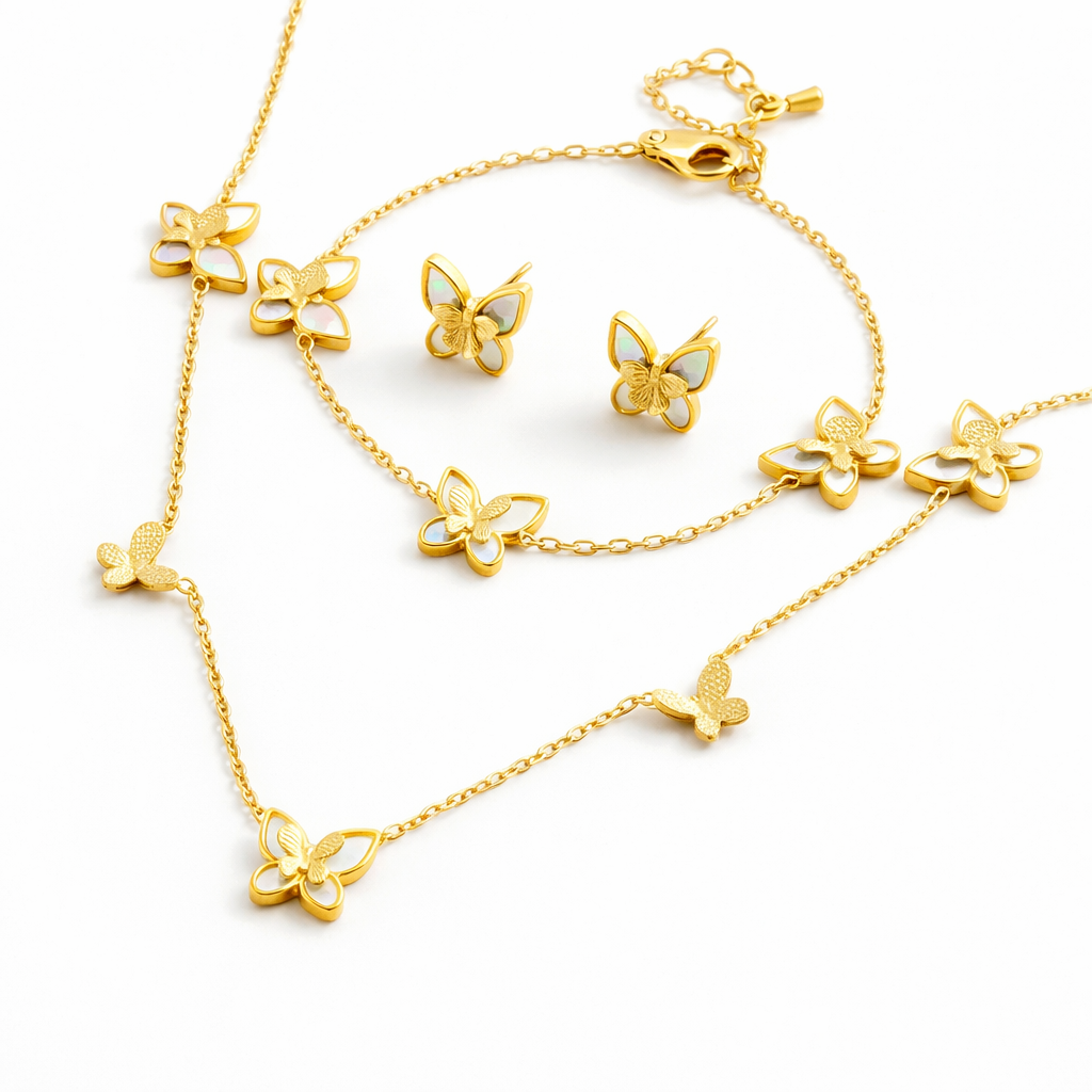 Sweet Butterfly Pearl Set - 18K Gold Plated Stainless Steel