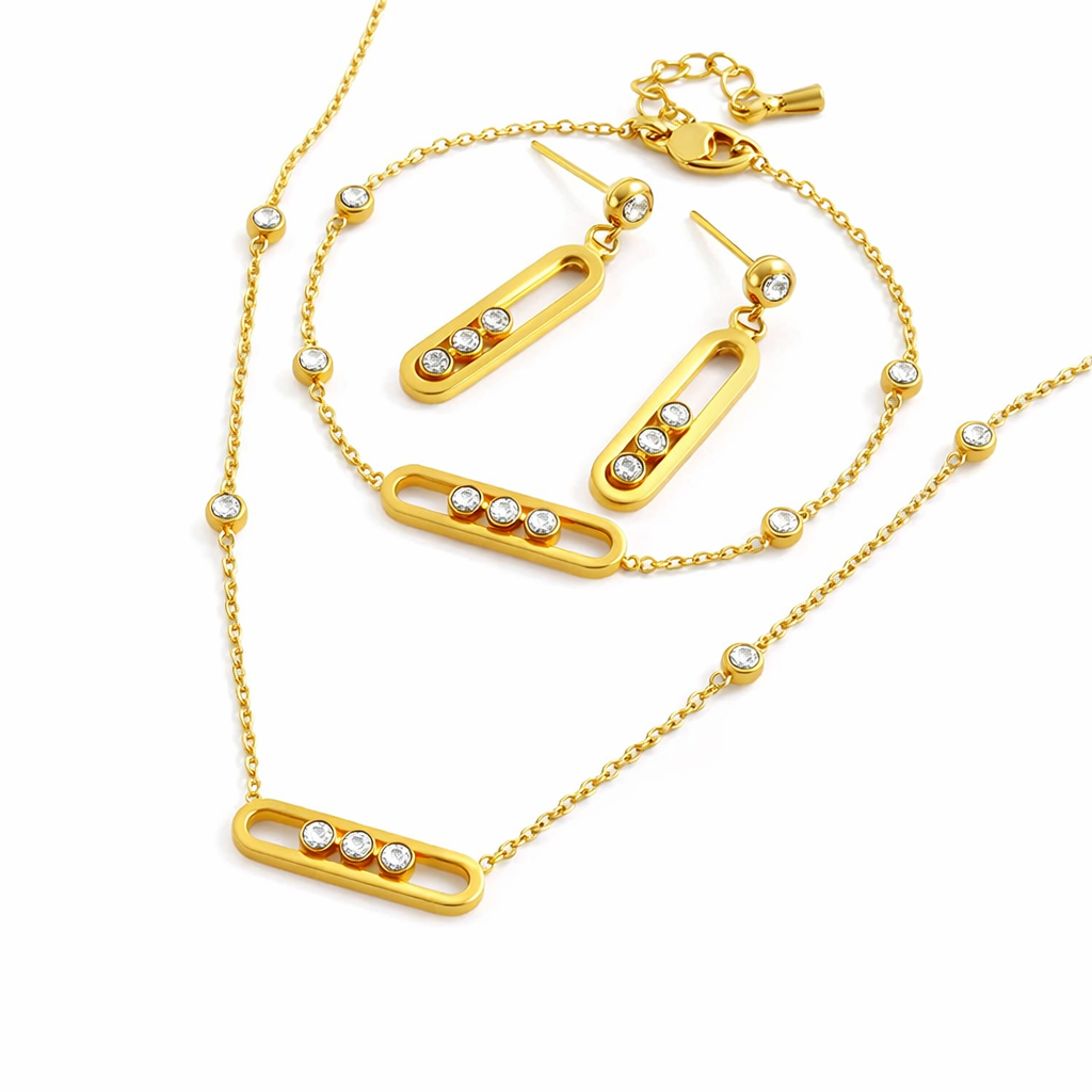 Move Style Floating Diamond Set - 18K Gold Plated Stainless Steel