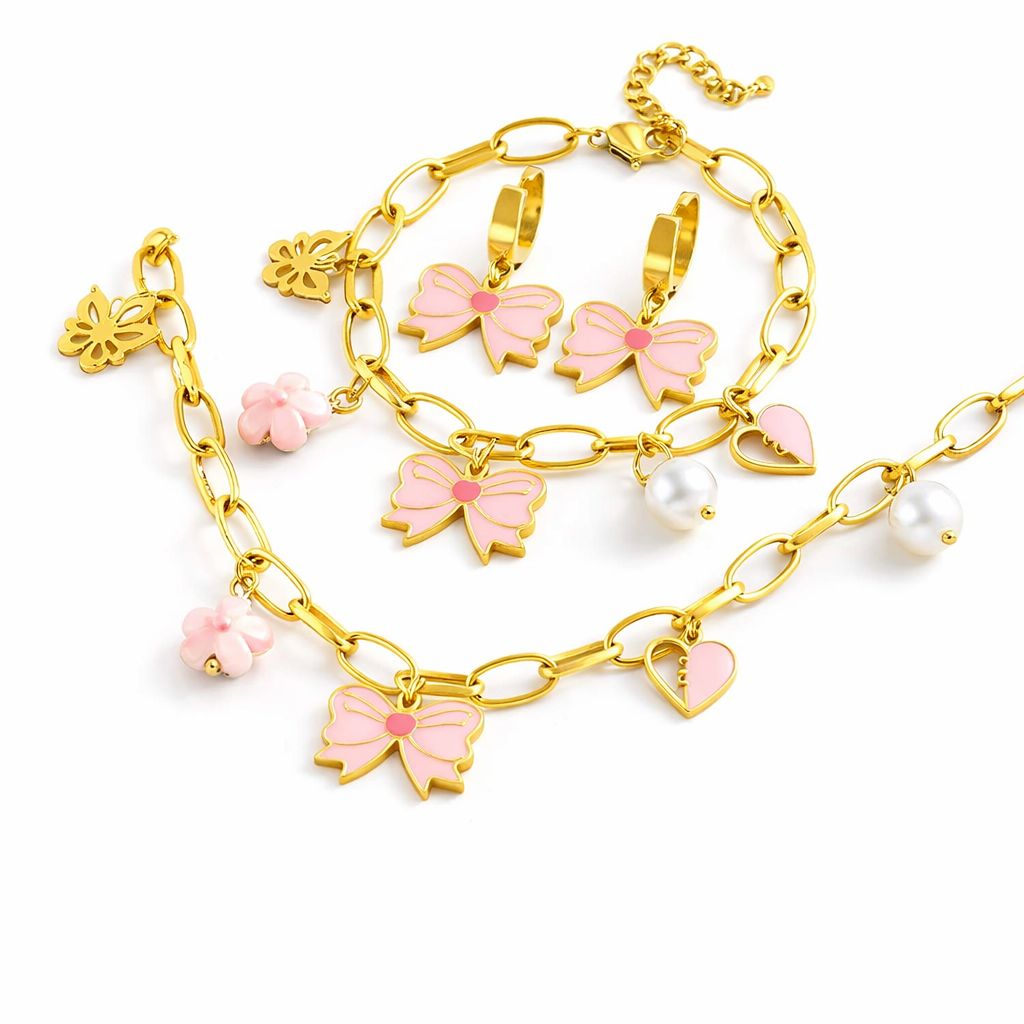 Vintage Bow & Pearl Charm Set - 18K Gold Plated Stainless Steel