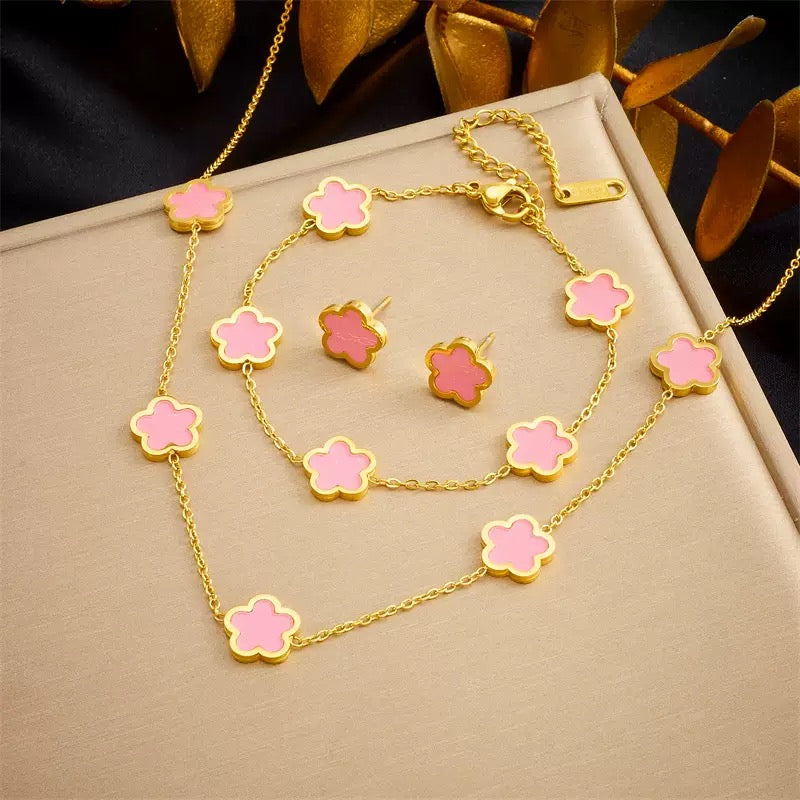 Alhambra Style Pink Quartz Set - 18K Gold Plated Stainless Steel