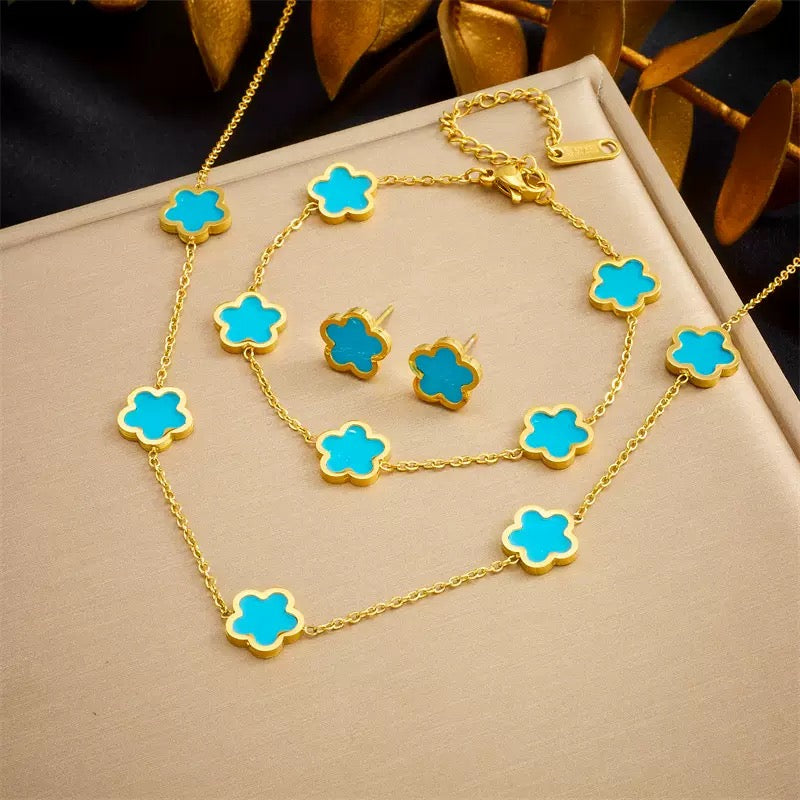 Alhambra Style Turquoise Set - 18K Gold Plated Stainless Steel