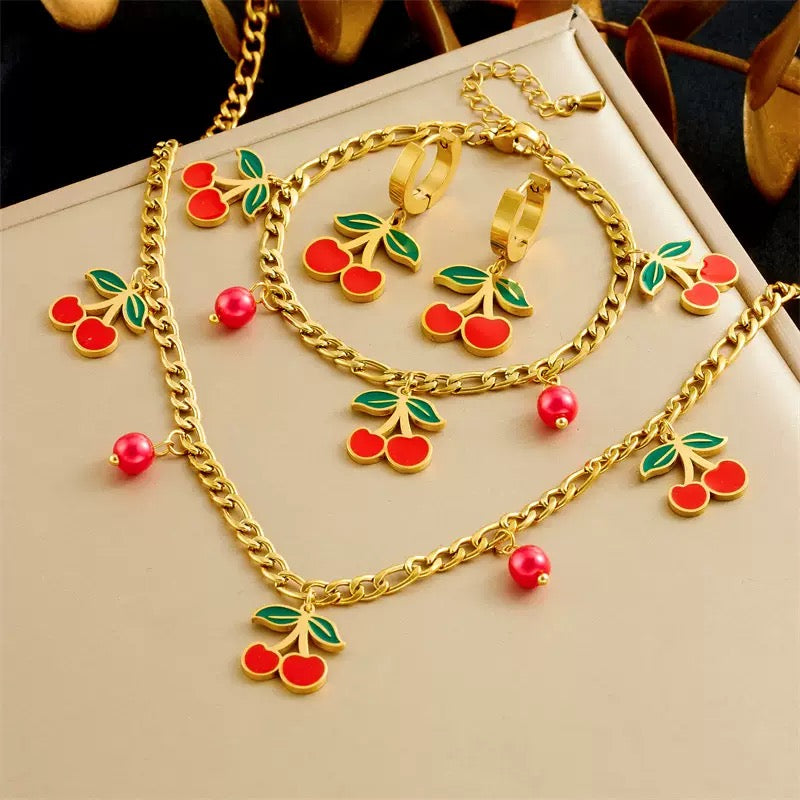 Luxe Cherry Blossom Pearl Set - 18K Gold Plated Stainless Steel