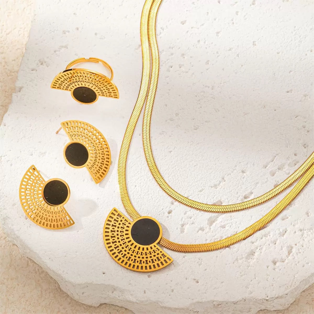 Art Deco Fan Jewelry Set - 18K Gold Plated Stainless Steel